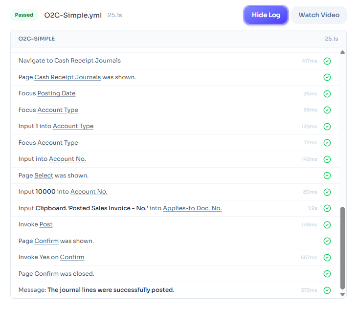 BusinessCentralTesting run log for a Cronus Order-to-Cash script: every step passed, with timing per step